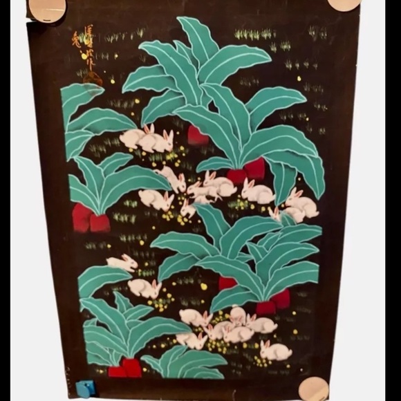 Vintage Chinese Folk Art Painting Signed Original White Rabbits New Years - Picture 1 of 8